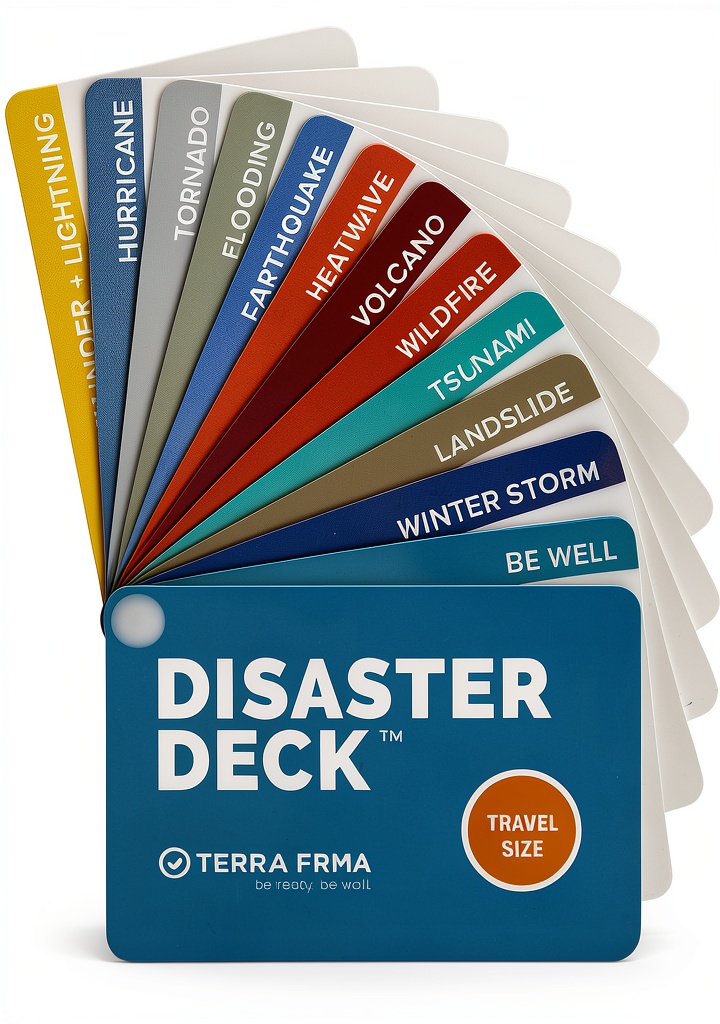 Terra Frma Emergency Deck Plastic Waterproof Travel Size laid flat next to a camping backpack and a car glovebox