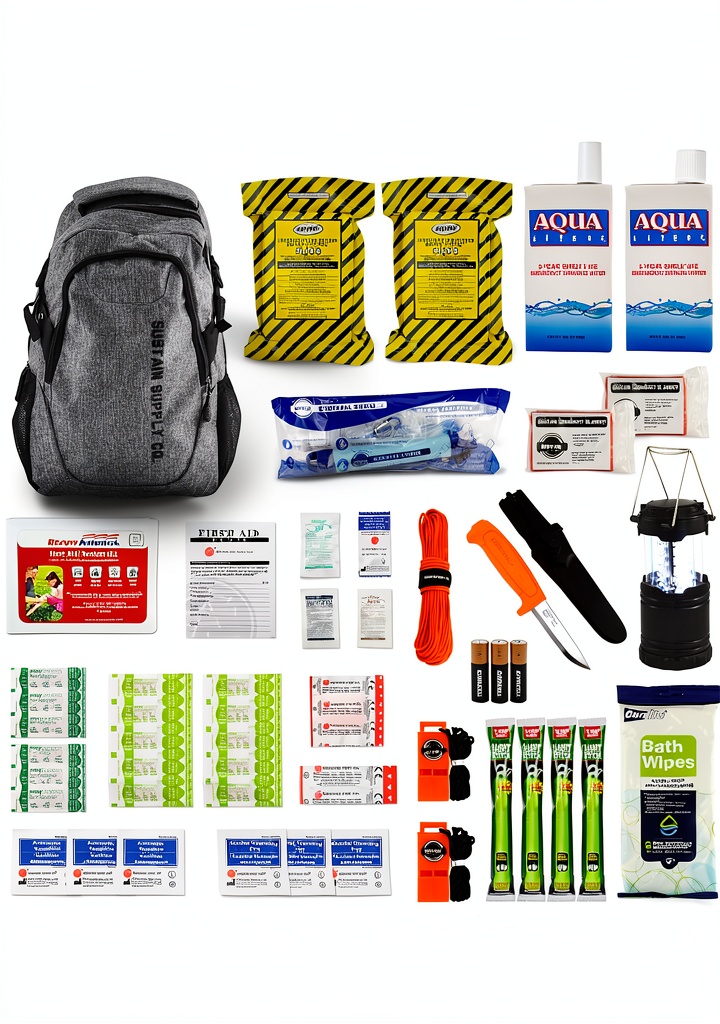 Installing Emergency Survival Kit ReadyAmerica Nylon Backpack on a wooden desk