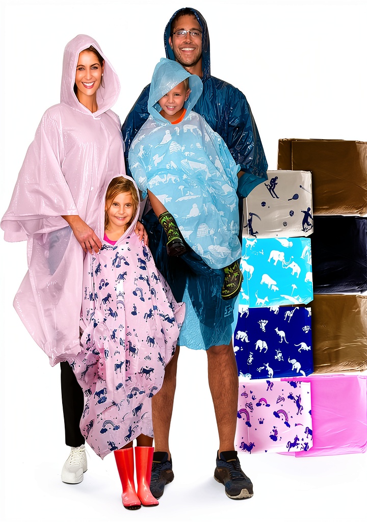 Family using Furry Smile rain ponchos during a hike